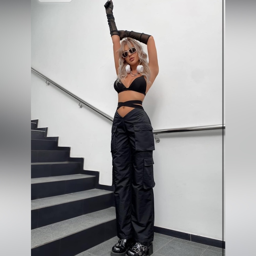 Women's High Waist Flap Pocket Cargo Pants Y2K Streetwear Baggy Trousers Large